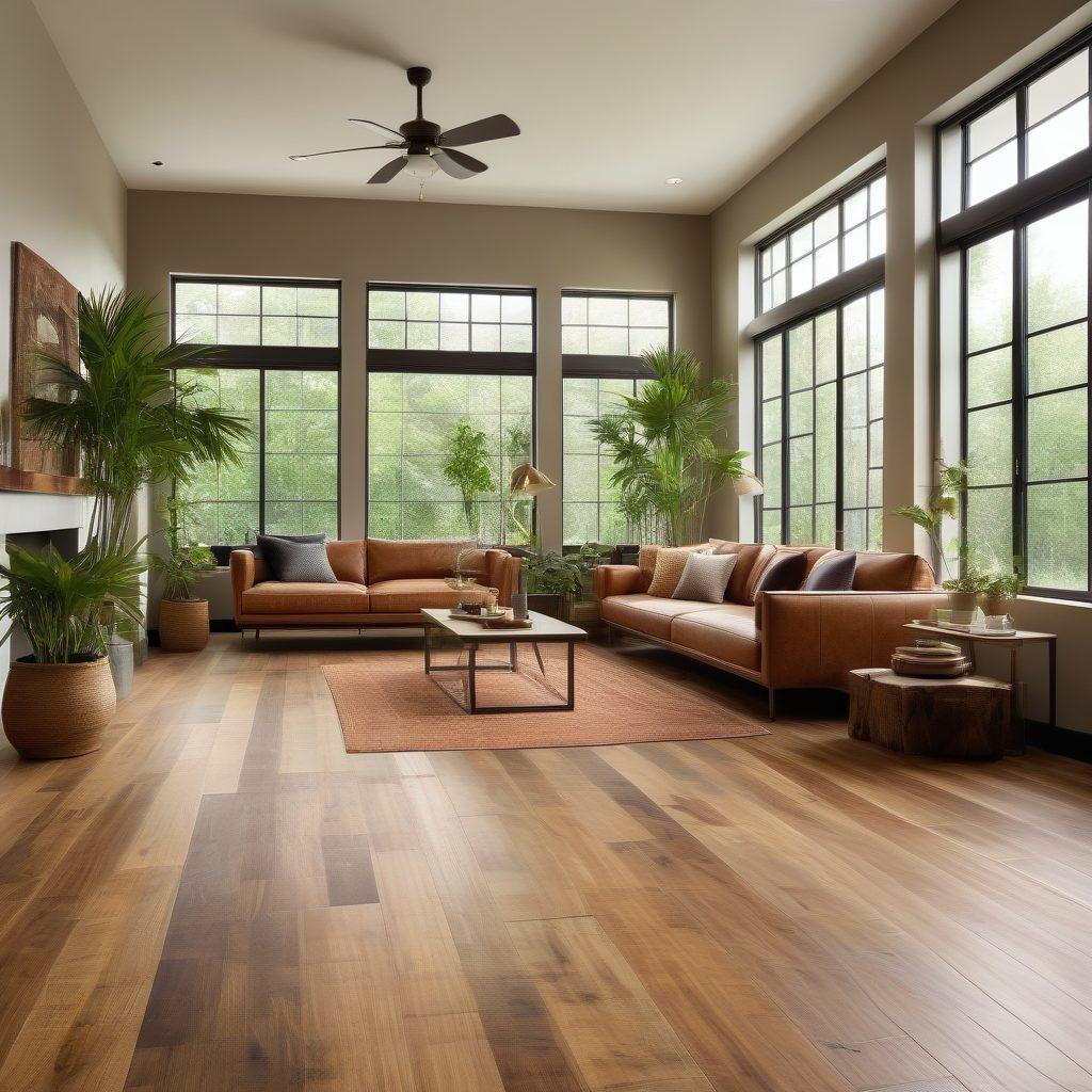A beautifully designed living room featuring an array of stylish, sustainable flooring options like bamboo, cork, and reclaimed wood, with lush indoor plants and cozy furniture. Sunlight streams through large windows, highlighting the textures and colors of each flooring type. A mix of modern and rustic decor is evident, showcasing creativity in home transformation. The scene inspires a warm and inviting atmosphere. super-realistic. vibrant colors. bright and airy.