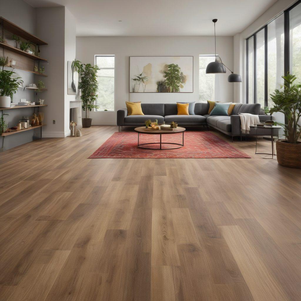 A beautifully designed room showcasing a variety of stylish flooring options, including elegant hardwood, sleek luxury vinyl, and eye-catching tiles. The space is filled with natural light, adorned with contemporary furniture, and plants for a touch of greenery. Each flooring material should be distinctly visible and inviting, emphasizing their textures and colors. The atmosphere should inspire elegance and sophistication, perfect for interior design enthusiasts. super-realistic. vibrant colors. minimalistic background.