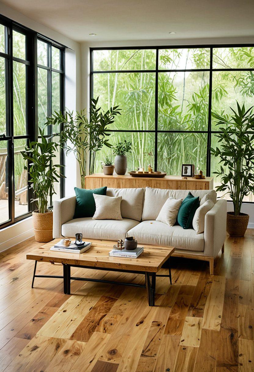An elegantly designed interior space featuring a variety of sustainable flooring options, such as bamboo, cork, and reclaimed wood, artfully displayed in different rooms like a cozy living room, modern kitchen, and serene bedroom. Soft natural light illuminates the textures, highlighting their eco-friendly aesthetic. Lush plants and eco-conscious decor elements add to the sustainability theme. The scene conveys warmth and tranquility, inviting viewers to imagine their own sustainable transformation. super-realistic. vibrant colors. natural lighting.